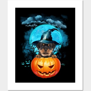 Rottweiler Witch Hat Pumpkin And Blue Moon Halloween Posters and Art